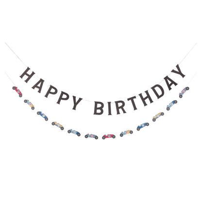 Happy Birthday banner with small car illustrations on a white background