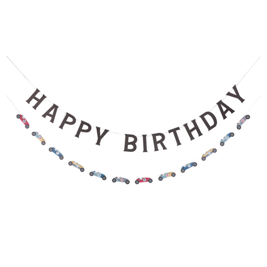Happy Birthday banner with small car illustrations on a white background