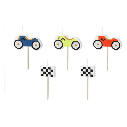 Colorful race car and checkered flag birthday candles.