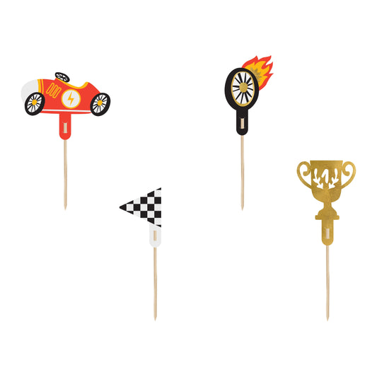Race car themed cupcake toppers including trophy and flags.