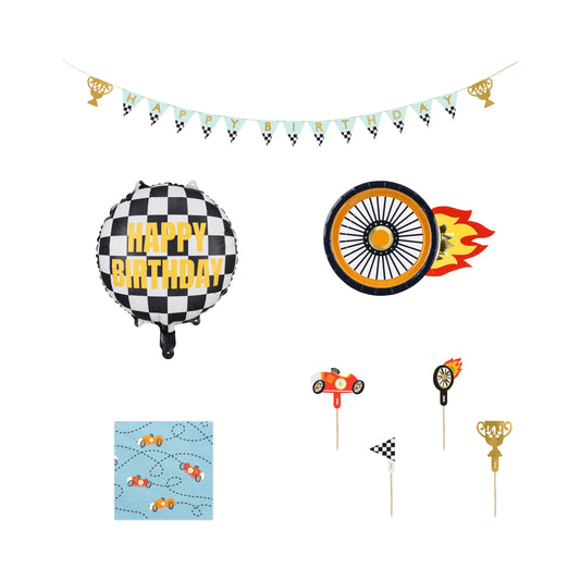Complete race car party decoration set with balloons and banners.
