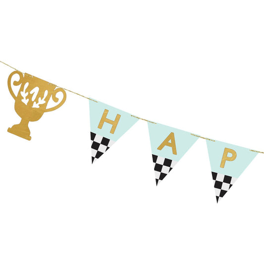 Birthday banner with checkered flags and race car motifs.
