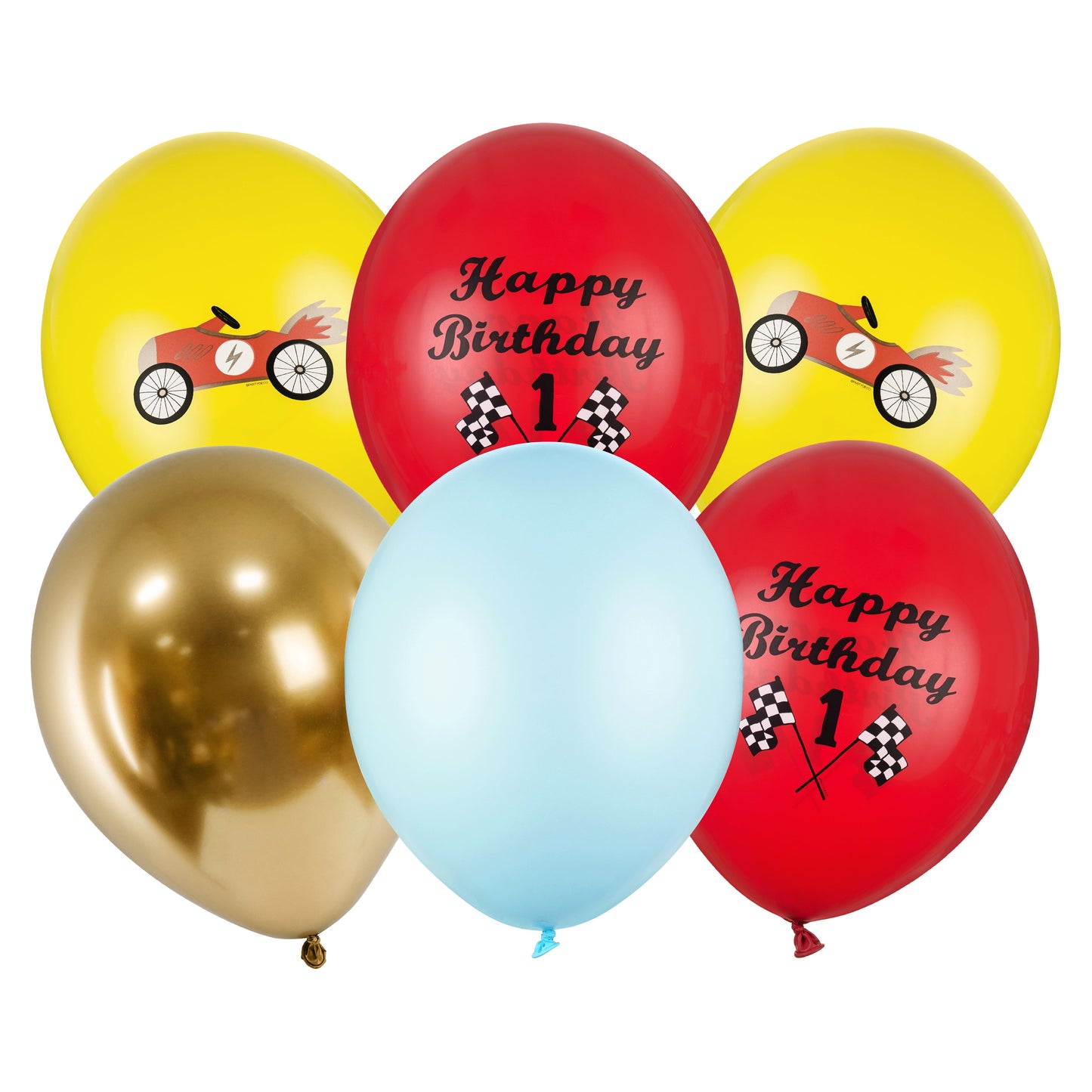 Race car printed latex balloons in red, yellow, blue, and gold.