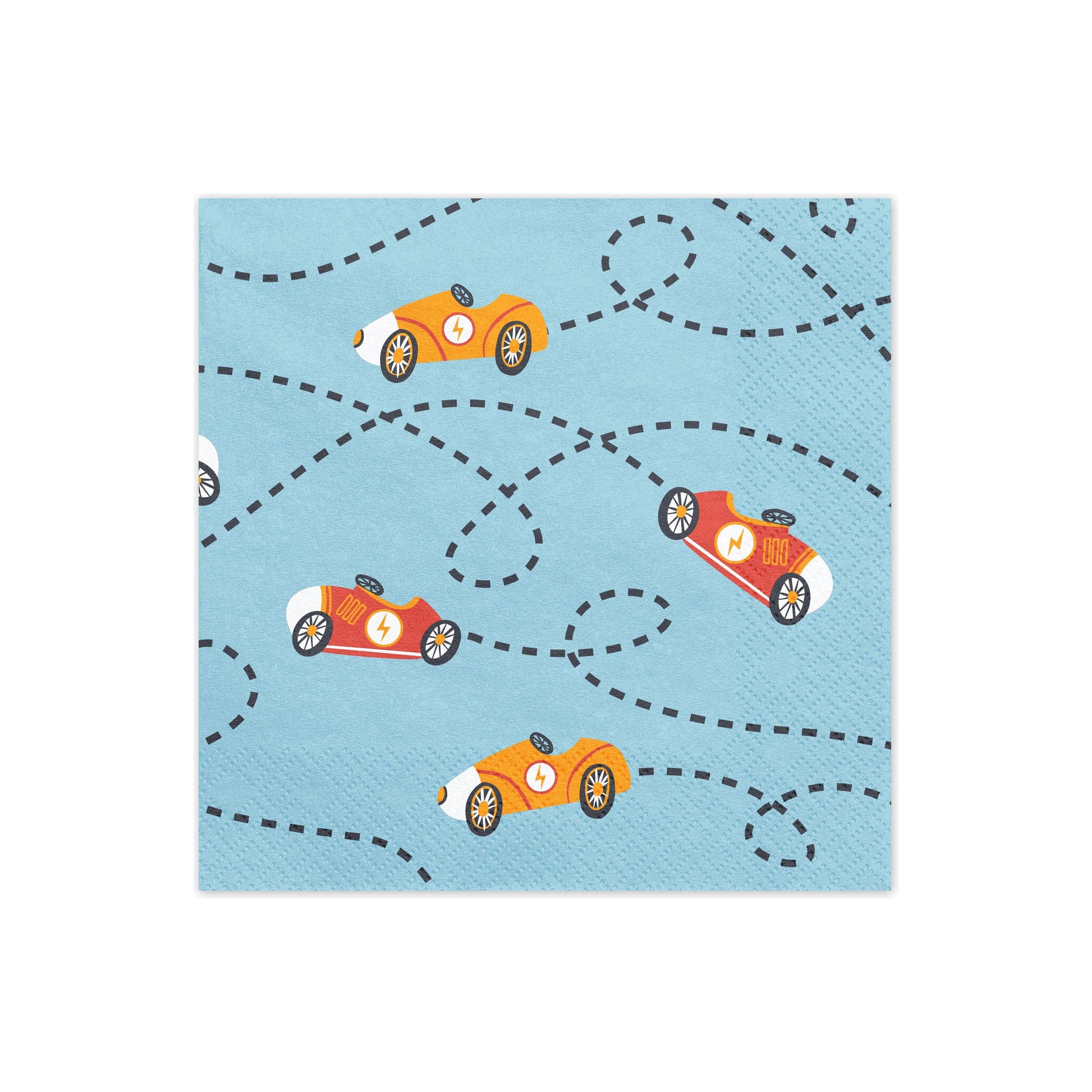Napkins decorated with colorful vintage racing cars on blue.