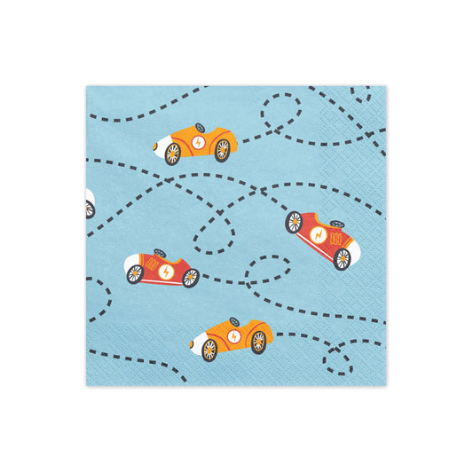 Napkins decorated with colorful vintage racing cars on blue.