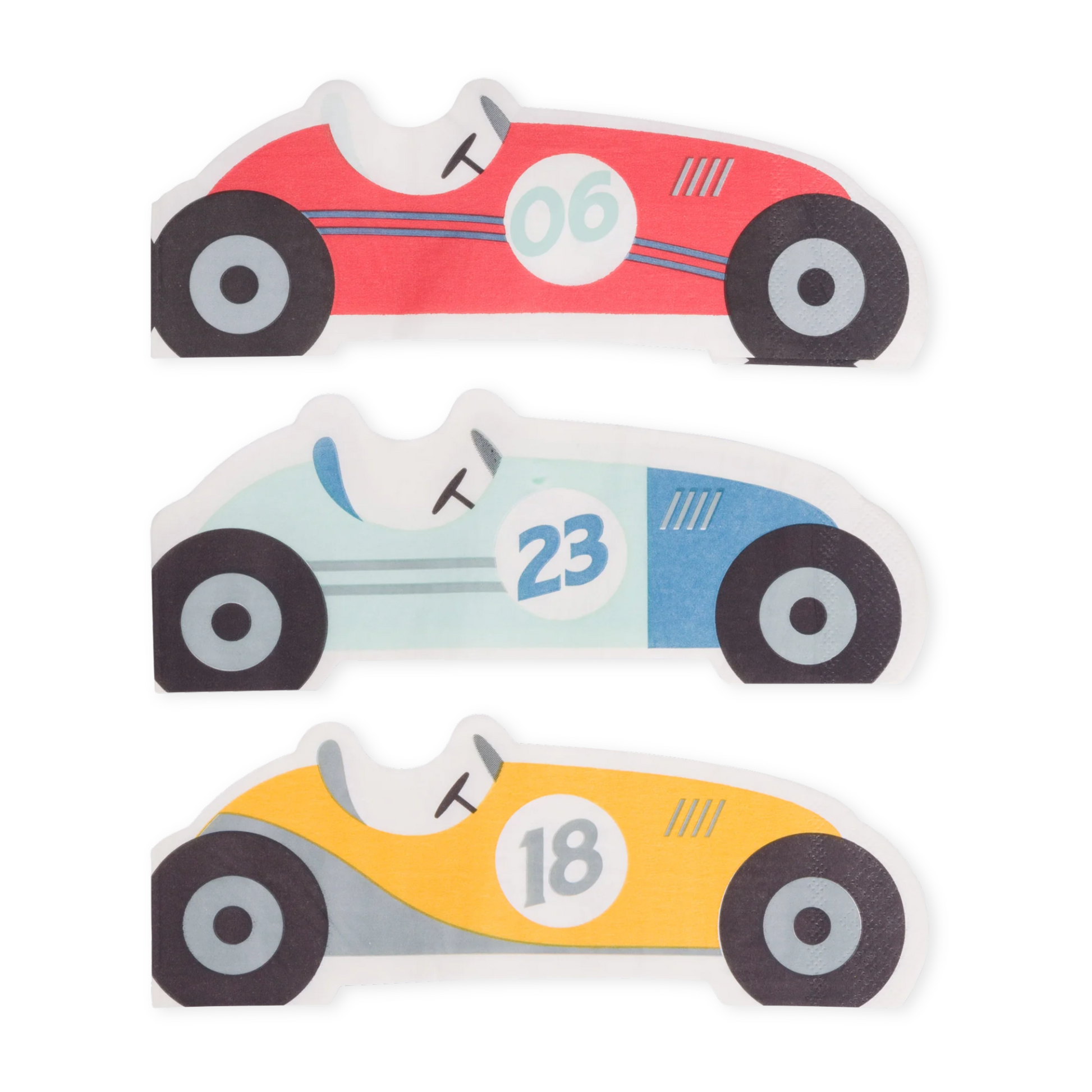 Three colorful race car-shaped napkins on a white background
