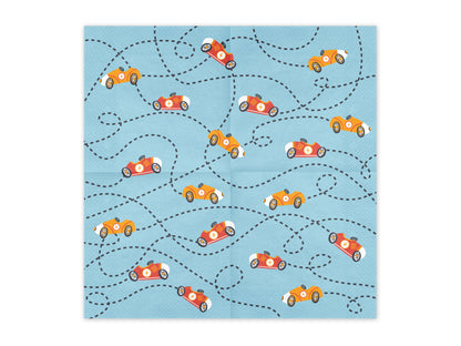 Napkins decorated with colorful vintage racing cars on blue.
