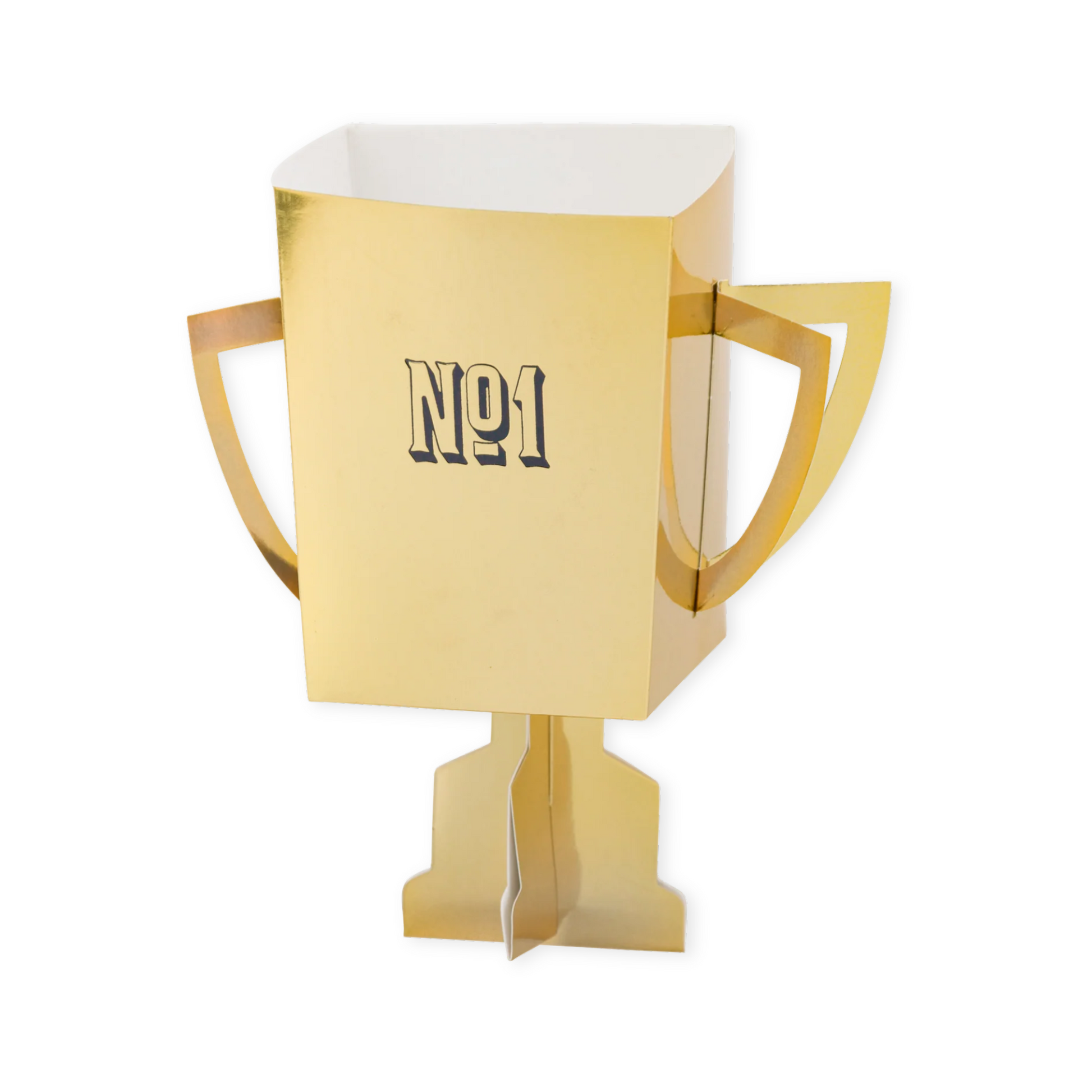 Gold trophy snack box with 'No. 1' on a white background