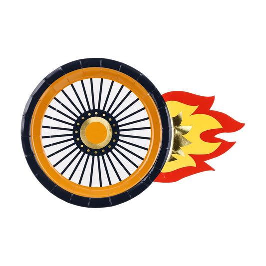 Race car wheel shaped plates with flame graphic.