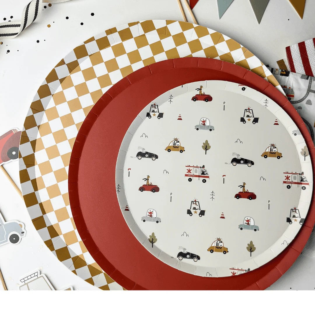 Children's plate with car pattern on a white background