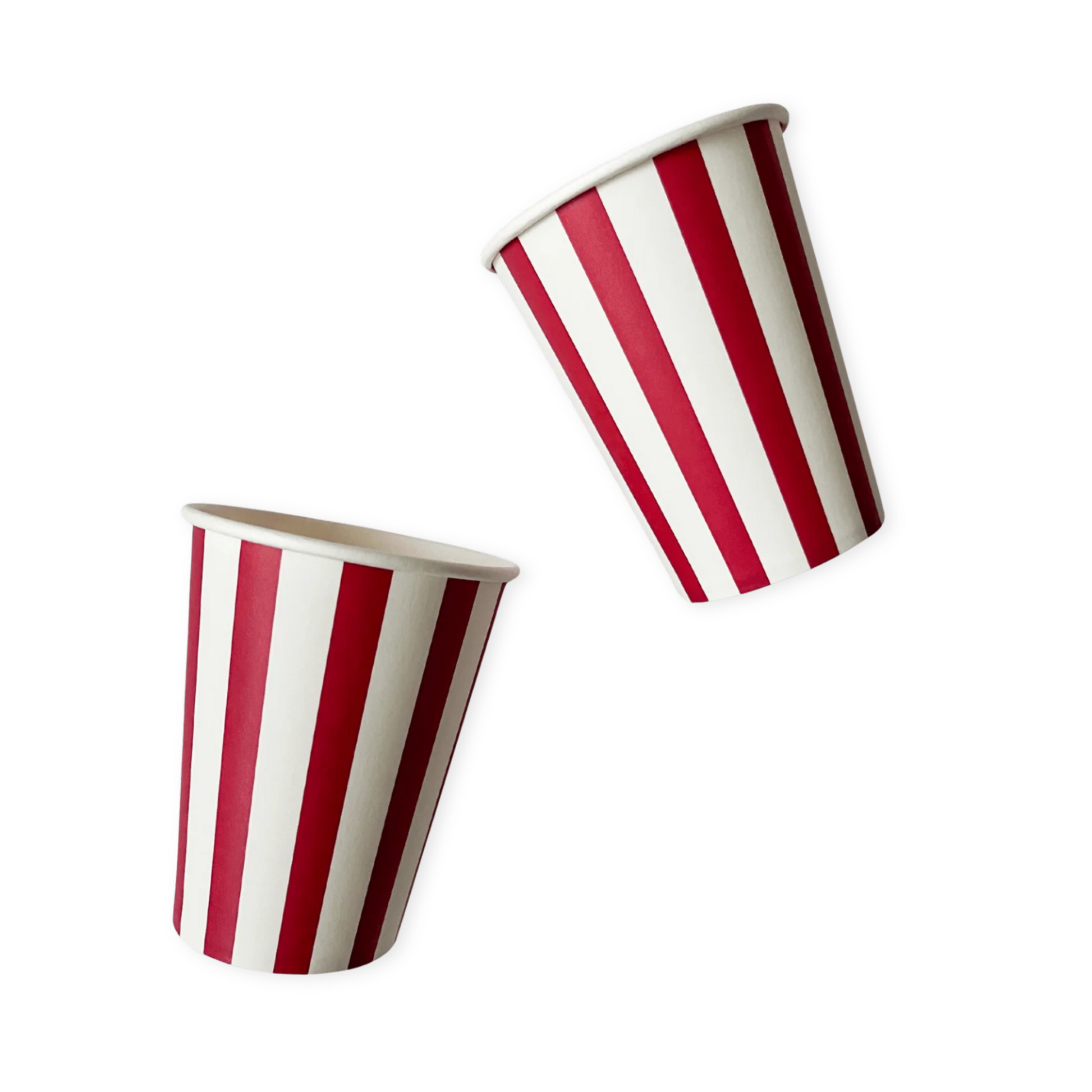Two red and white striped paper cups on a white background