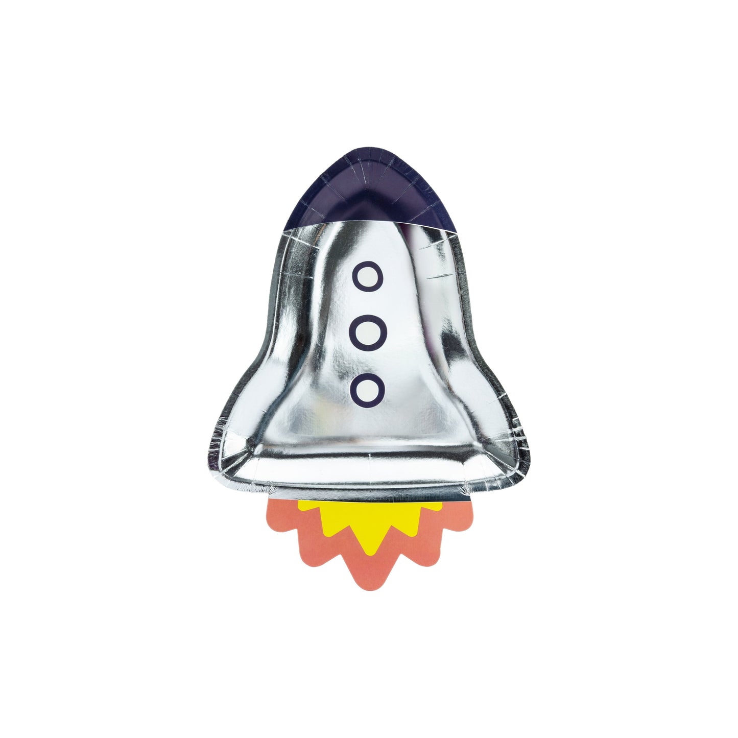 Rocket-shaped silver paper plate, perfect for space-themed kids party.