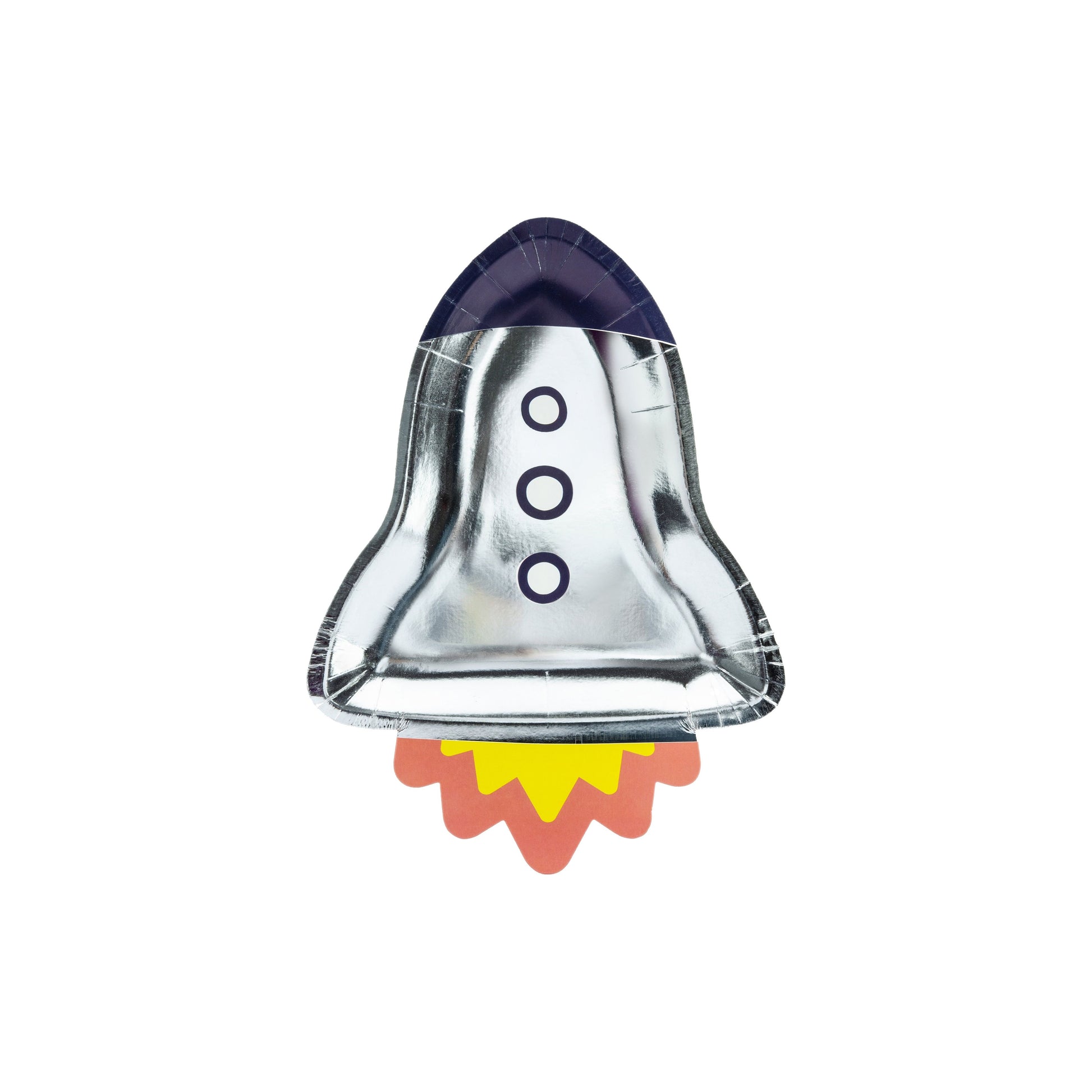 Rocket-shaped silver paper plate, perfect for space-themed kids party.