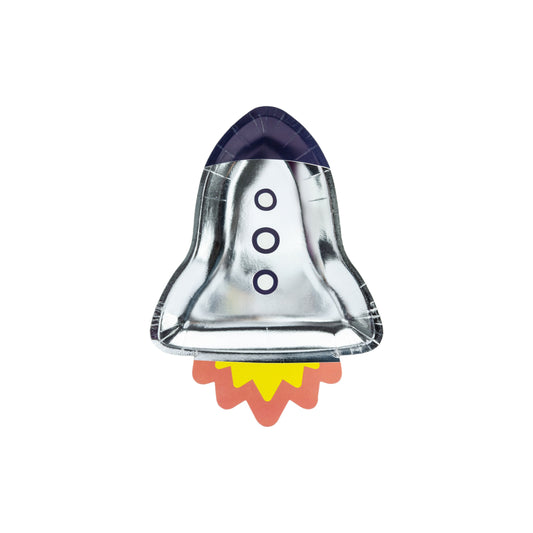 Rocket-shaped silver paper plate, perfect for space-themed kids party.