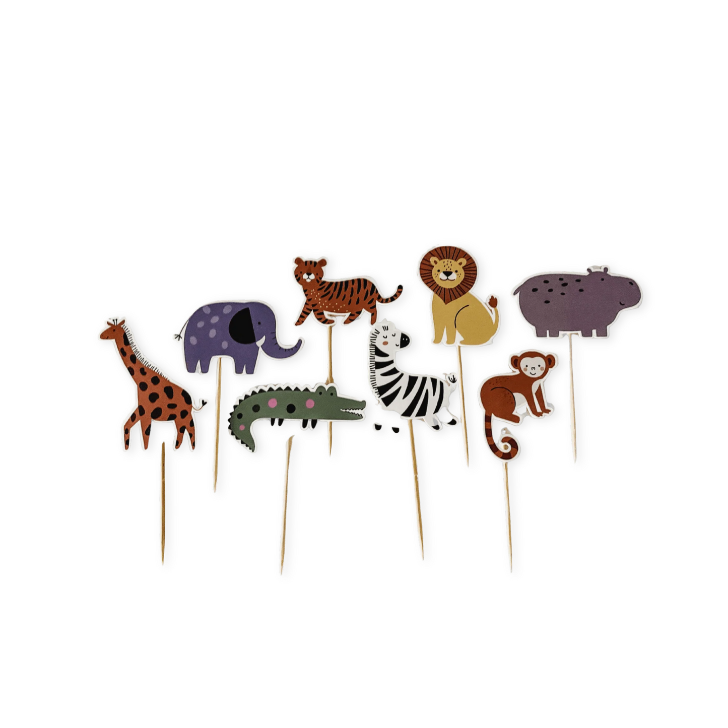 Set of animal-themed cake toppers on sticks against a white background