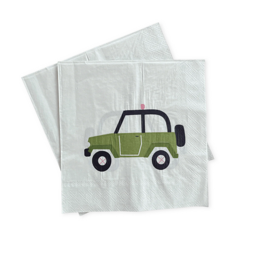 Two folded napkins with a green car design on a white background