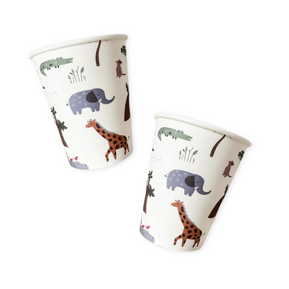 Two paper cups with animal pattern on a white background