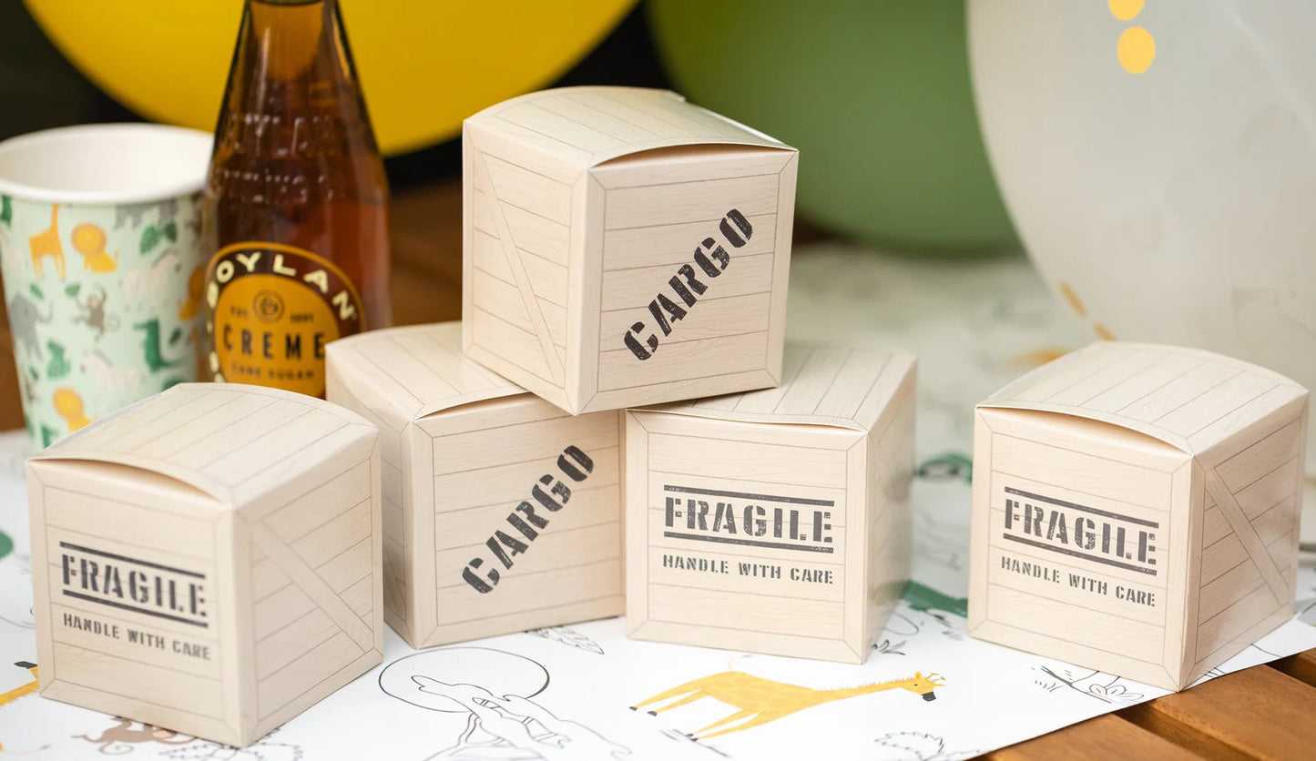 Small snack boxes labeled 'Fragile' and 'Cargo'