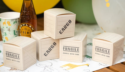 Small snack boxes labeled 'Fragile' and 'Cargo'
