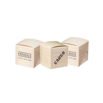 Three small snack boxes with 'Fragile' and 'Cargo' labels on a white background