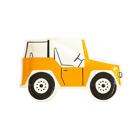 Yellow jeep car with black wheels on a white background