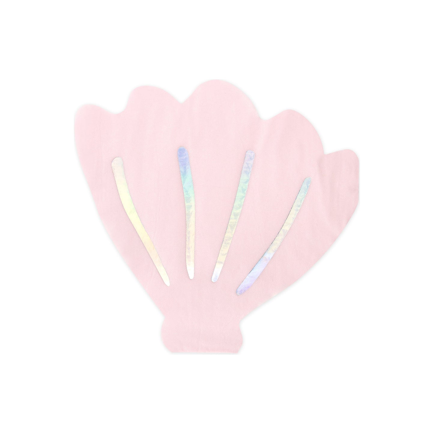 Pink paper napkins shaped like seashells with holographic accents — perfect for mermaid birthday party table settings.