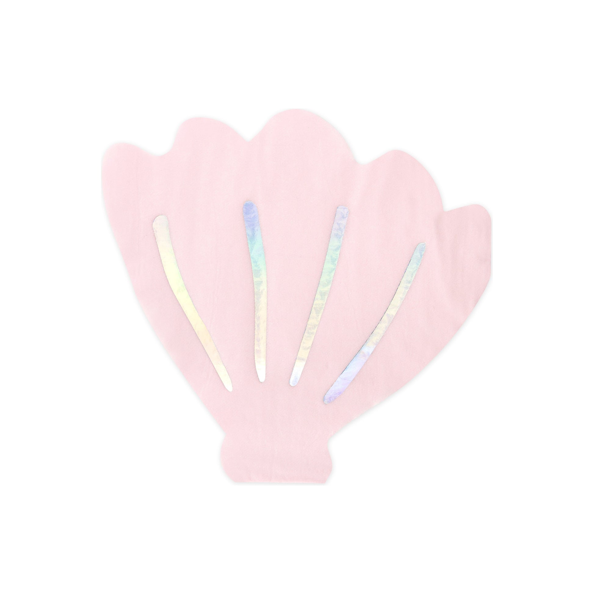 Pink paper napkins shaped like seashells with holographic accents — perfect for mermaid birthday party table settings.
