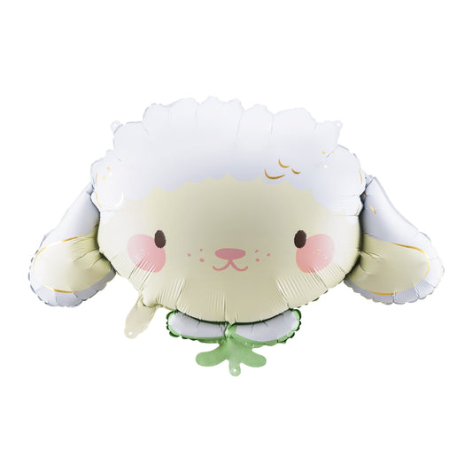 Cute sheep face foil balloon with soft colors and pink cheeks, perfect for farm or baby themed parties