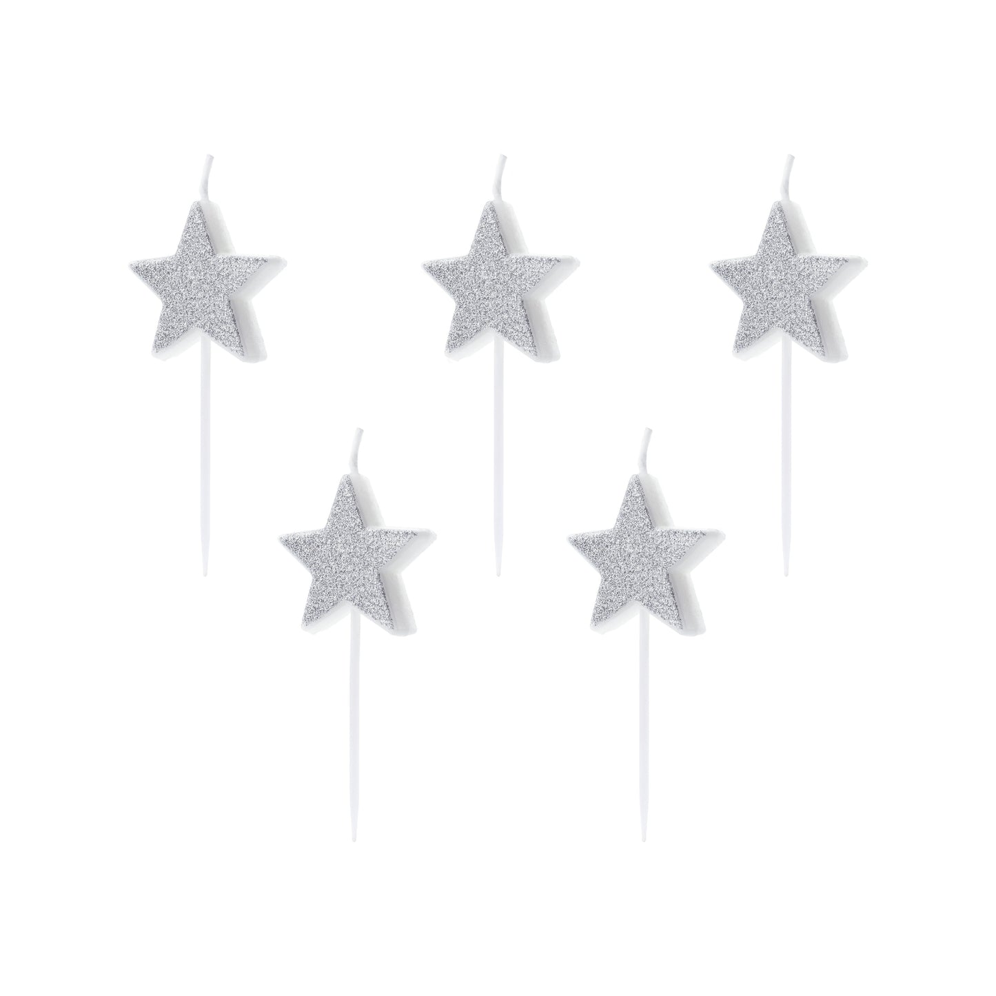 Silver glitter star birthday candles for space-themed cake decor