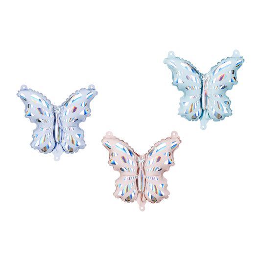 Small iridescent butterfly foil balloons in blue, pink, and silver – unicorn party set