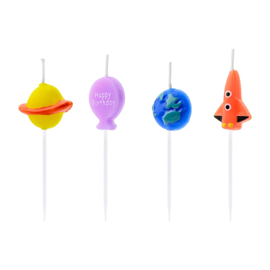 Space-themed birthday candles set with planet, balloon, Earth, and rocket designs