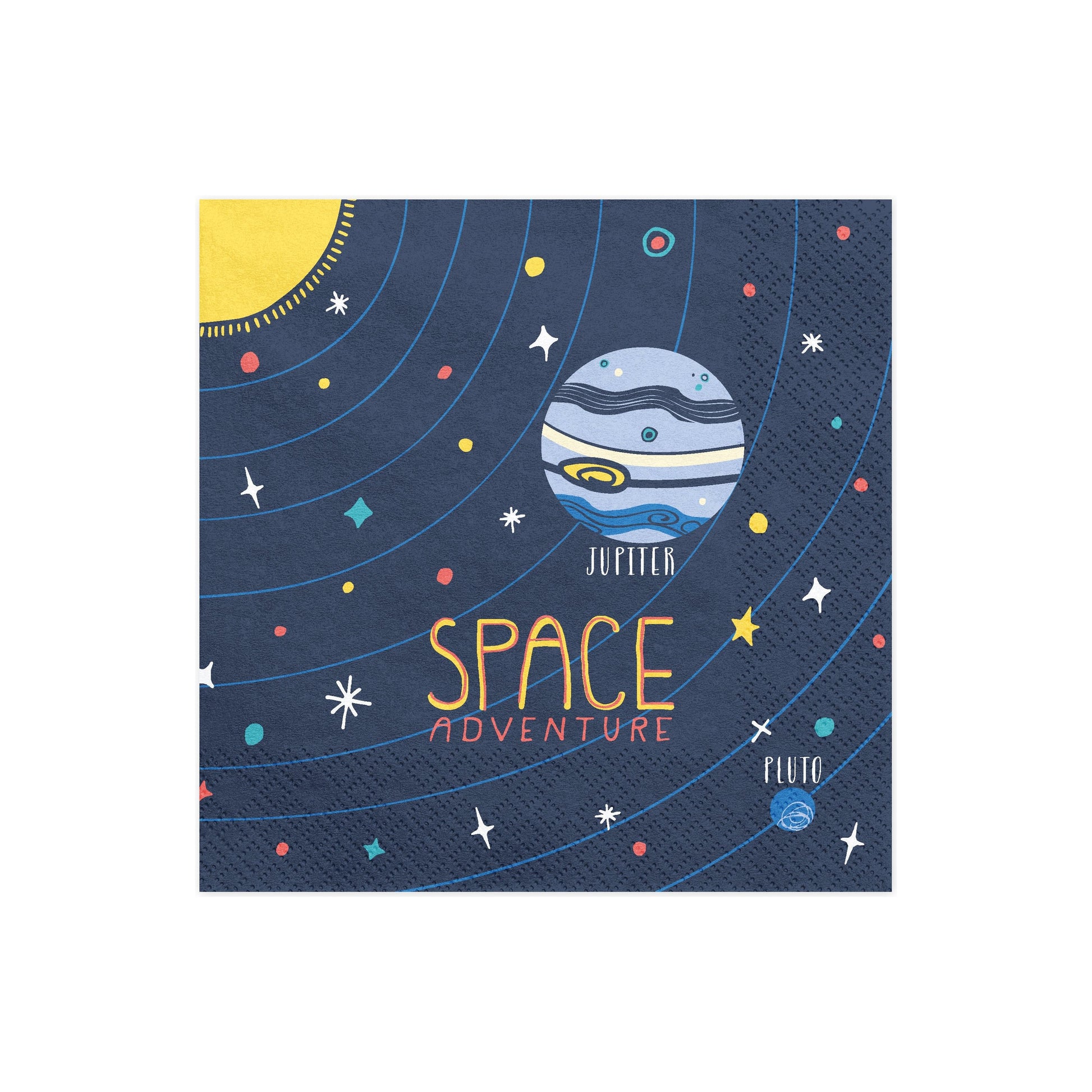 Space adventure napkins featuring planets and stars, perfect for kids' birthday parties.
