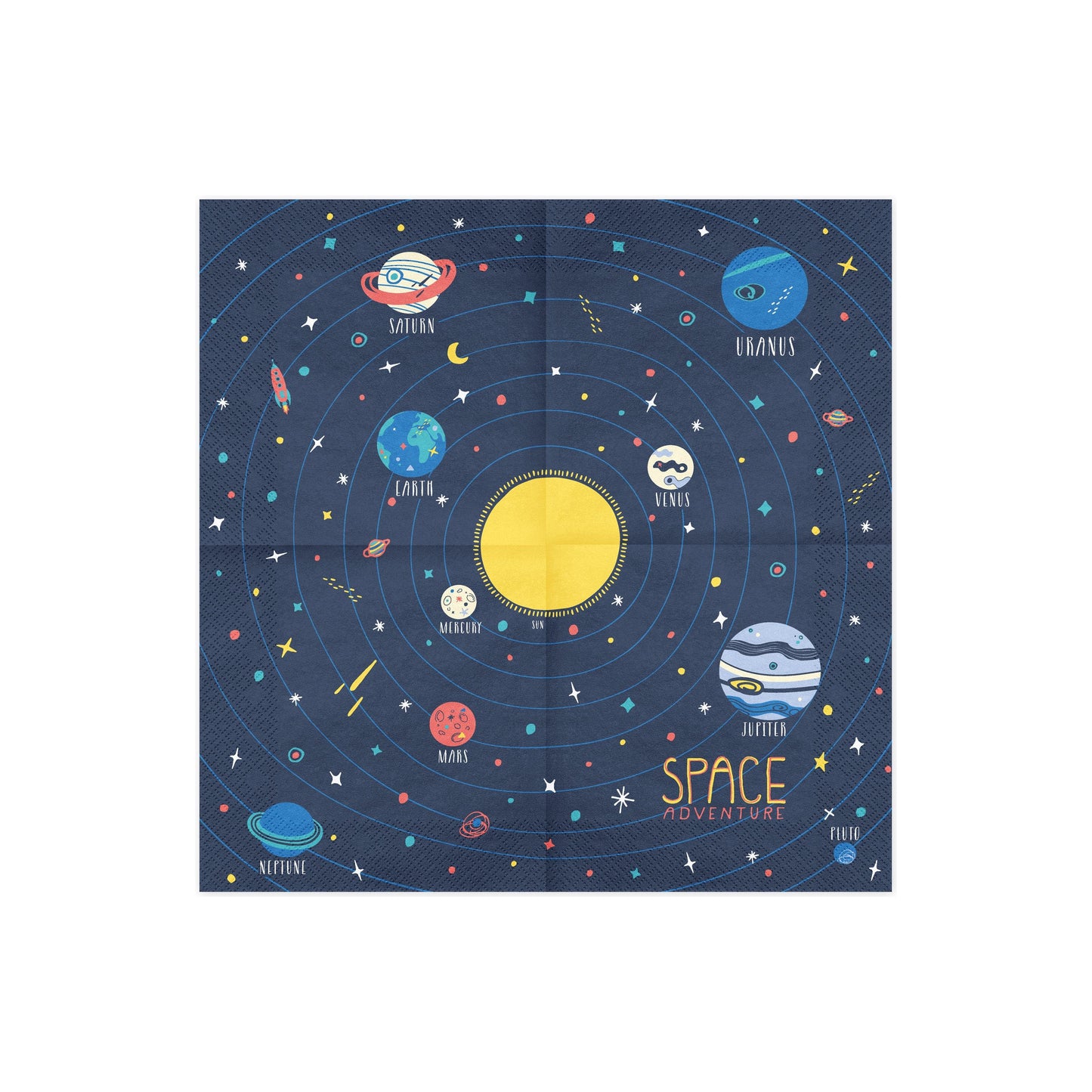 Space adventure napkins featuring planets and stars, perfect for kids' birthday parties.