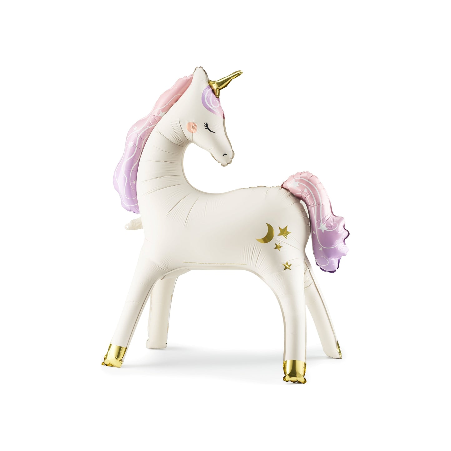 Standing unicorn foil balloon with golden horn and pink-purple mane – fantasy party decor