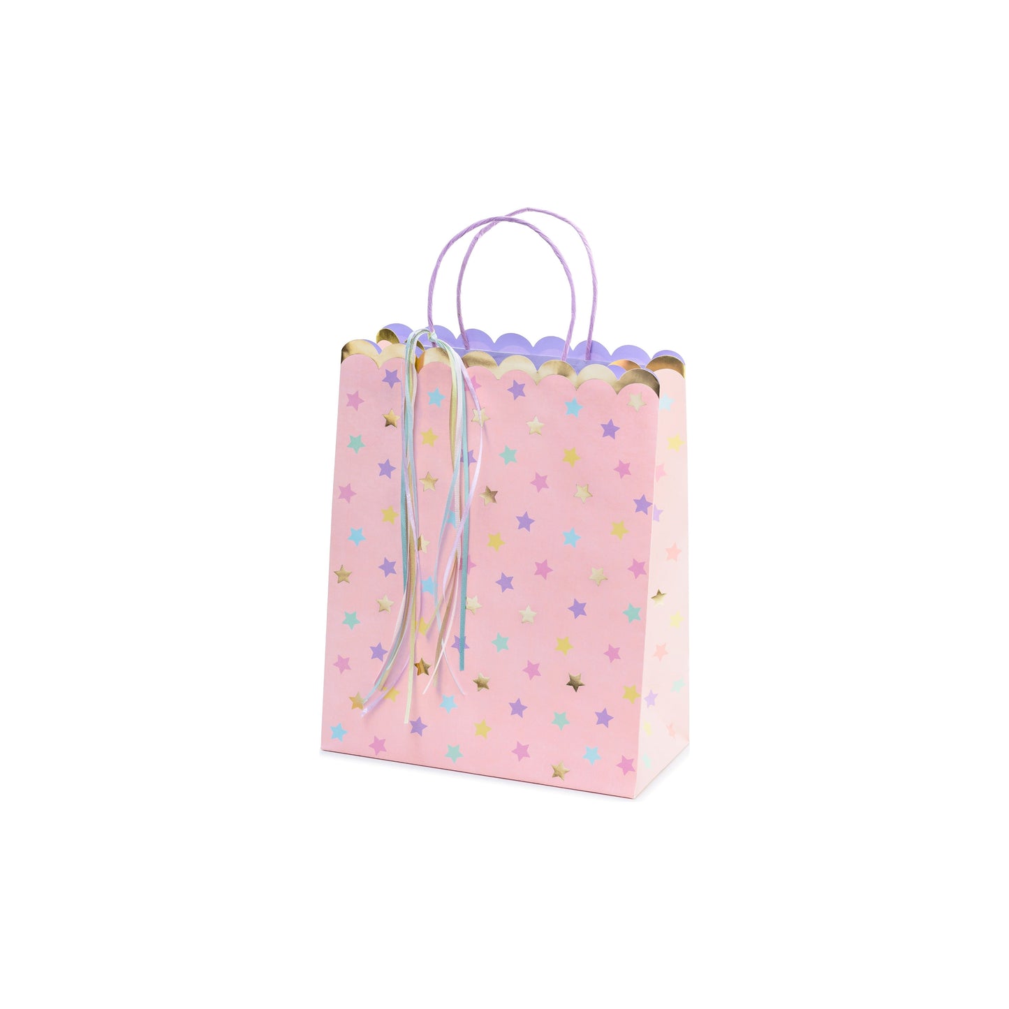 Pink gift bag with pastel stars and ribbons – unicorn-themed party favor bag