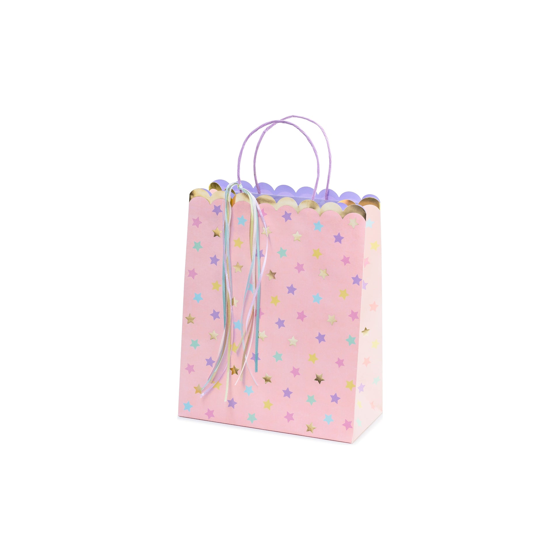 Pink gift bag with pastel stars and ribbons – unicorn-themed party favor bag