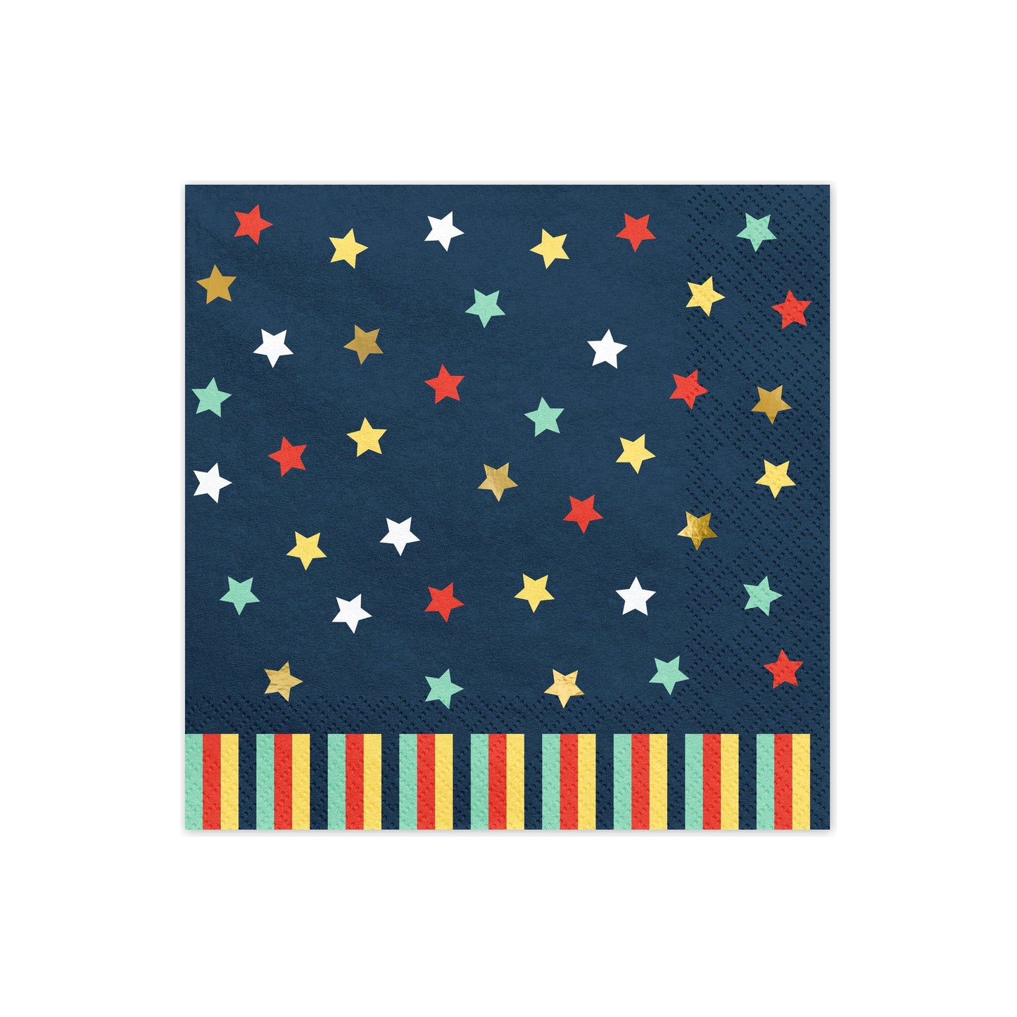 Dark blue paper napkins decorated with colorful stars and striped bottom border.
