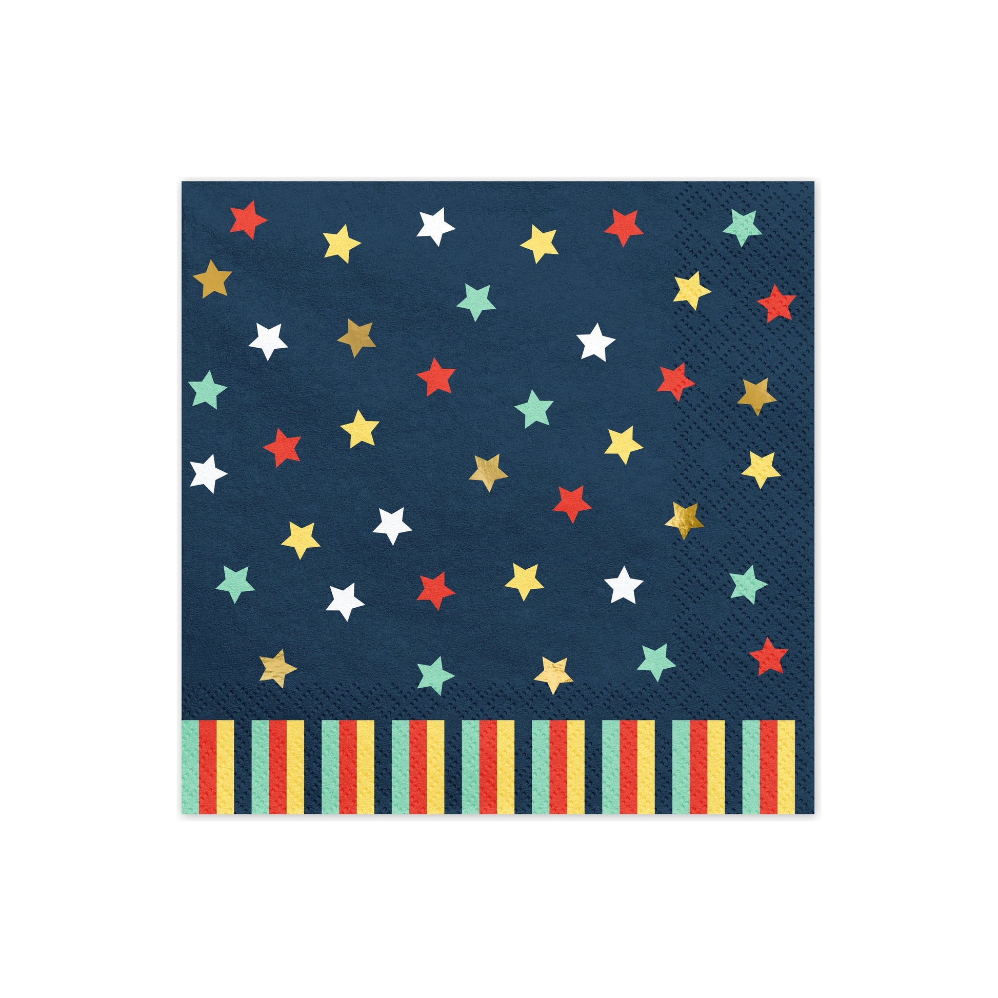 Dark blue paper napkins decorated with colorful stars and striped bottom border.

