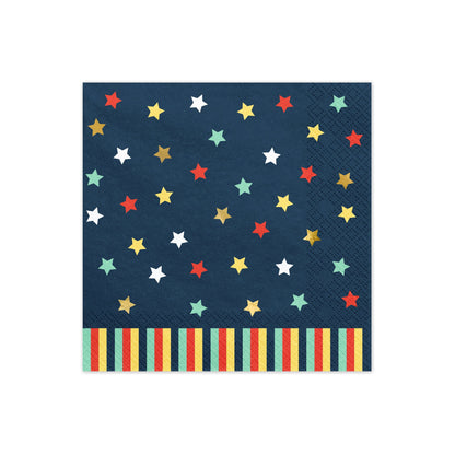 Dark blue paper napkins decorated with colorful stars and striped bottom border.
