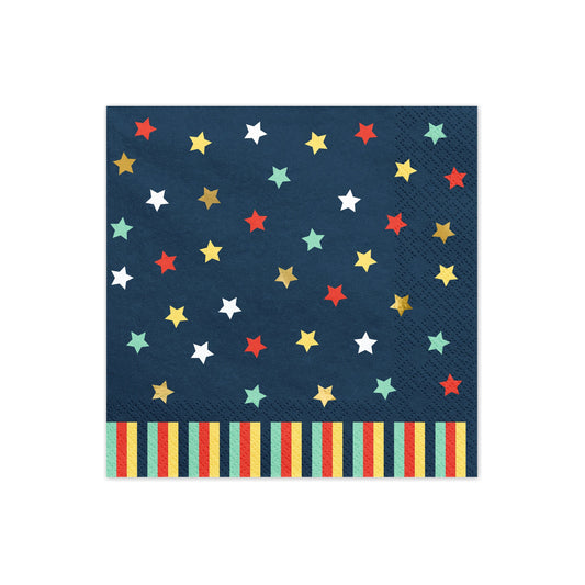 Dark blue paper napkins decorated with colorful stars and striped bottom border.
