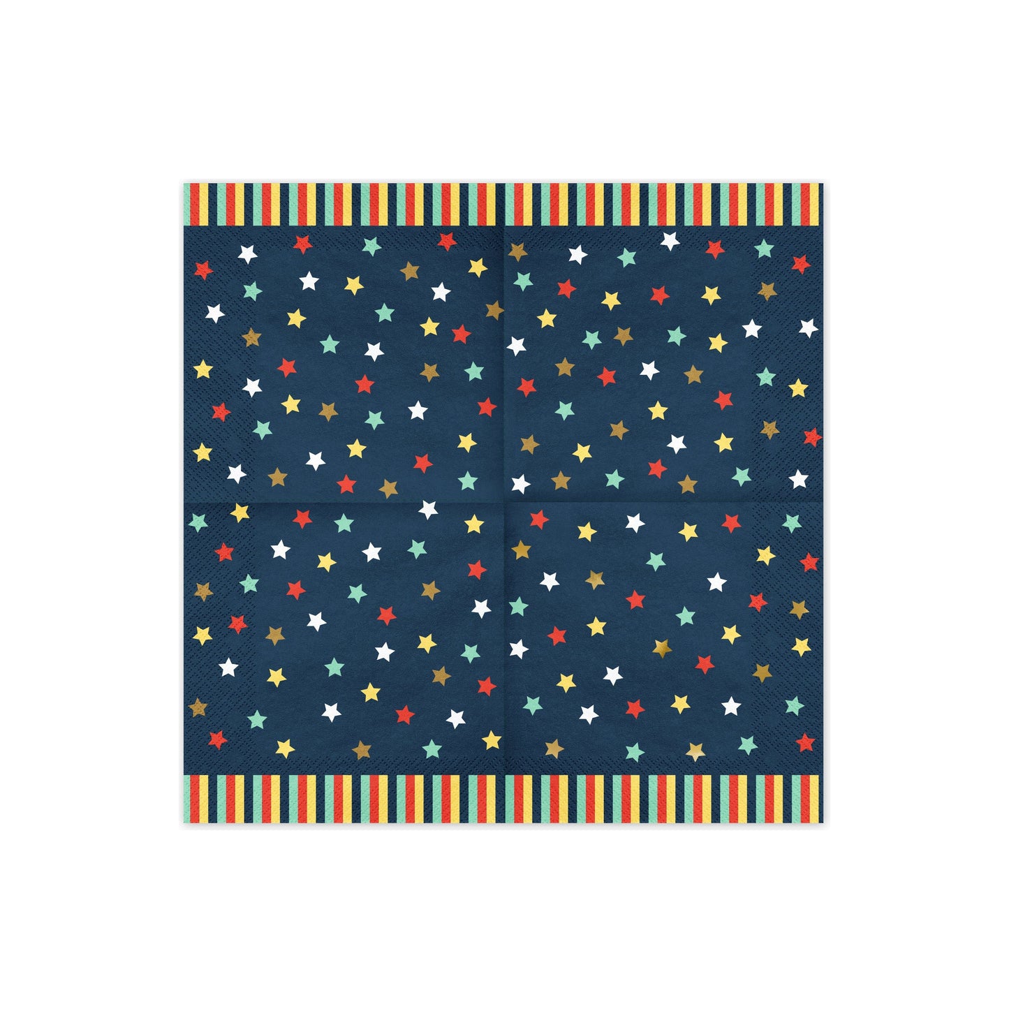Dark blue paper napkins decorated with colorful stars and striped bottom border.
