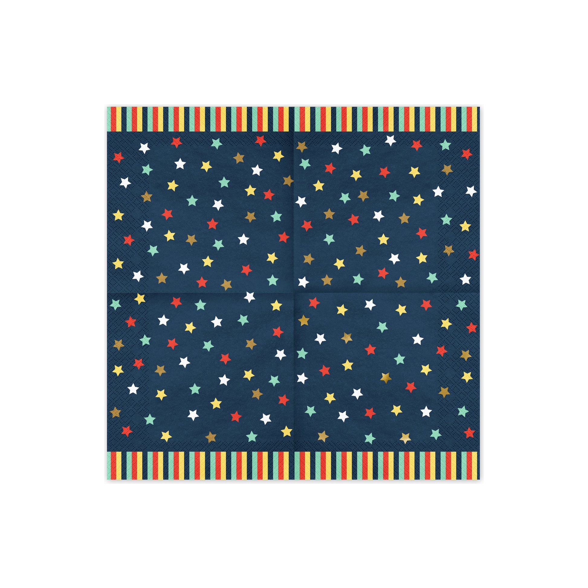 Dark blue paper napkins decorated with colorful stars and striped bottom border.
