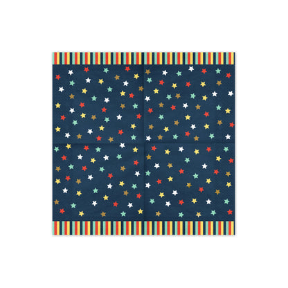 Dark blue paper napkins decorated with colorful stars and striped bottom border.

