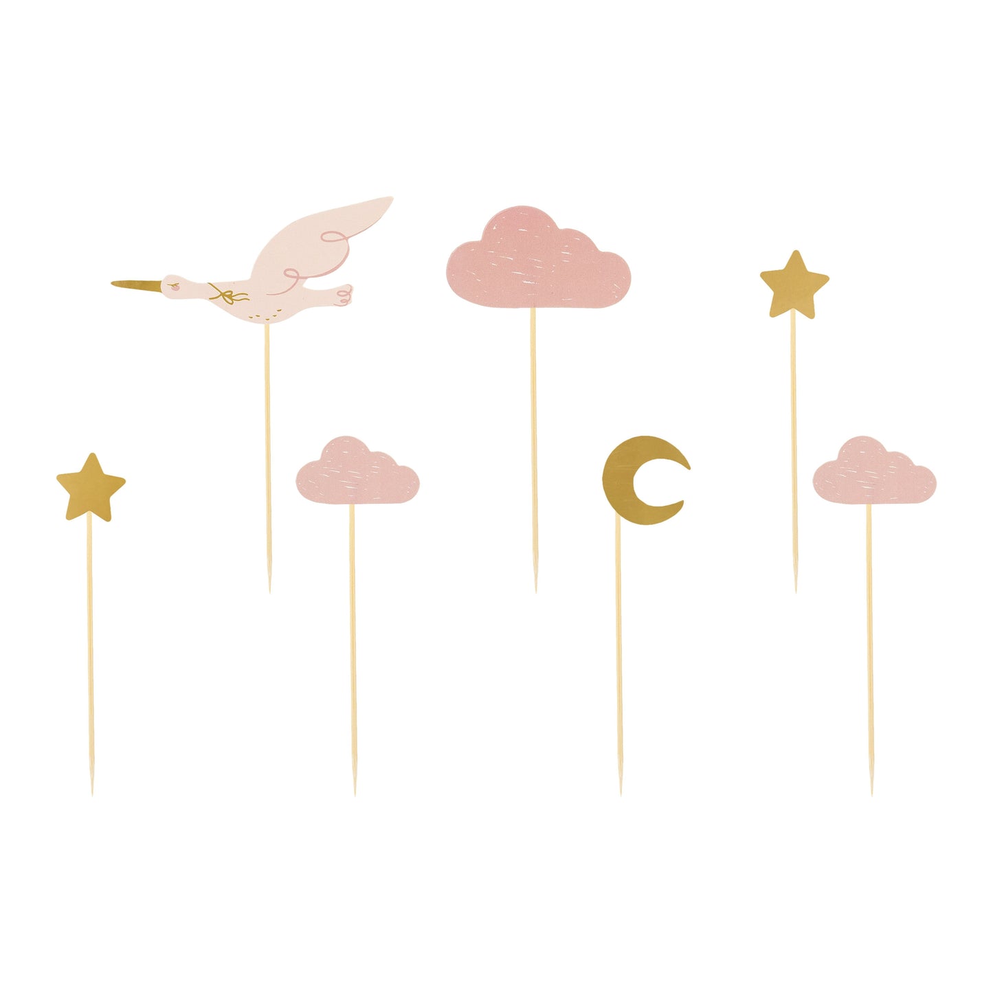 Stork cupcake toppers in soft pastel colors – baby shower or newborn celebration cake decorations