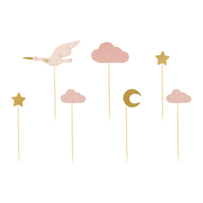 Stork cupcake toppers in soft pastel colors – baby shower or newborn celebration cake decorations