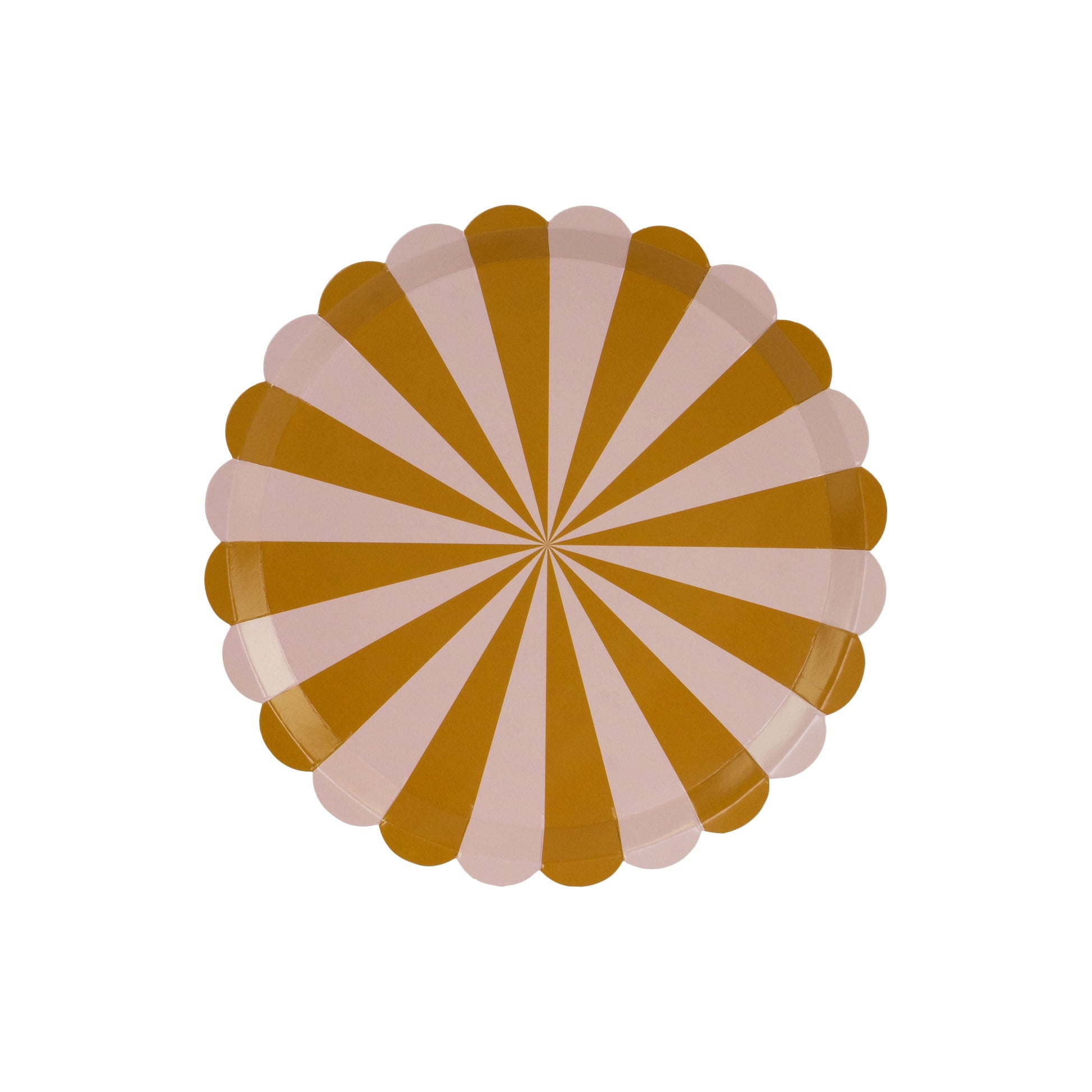 Round paper plates with mustard and blush pink stripes, fun and colorful party tableware