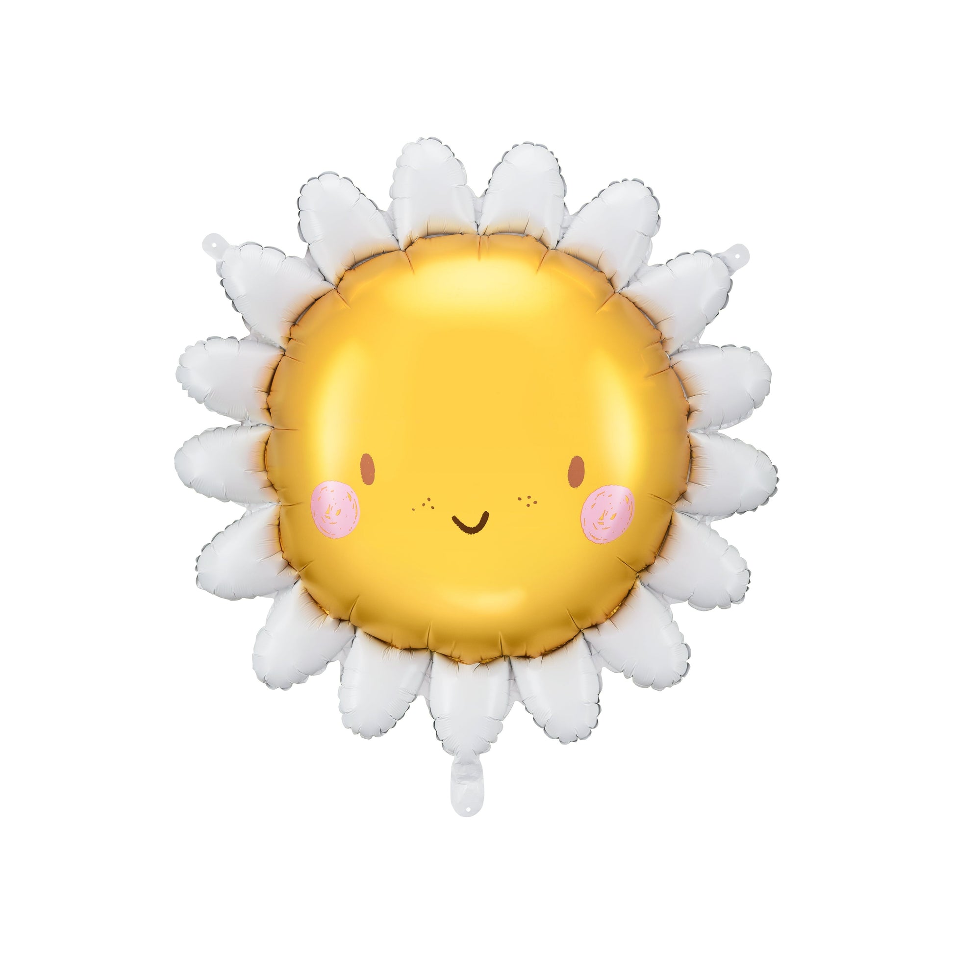 Foil balloon shaped like a smiling sun surrounded by white petals, bright and happy decoration