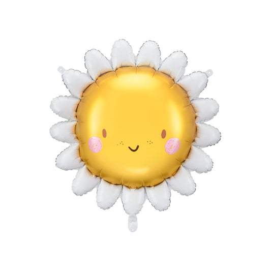 Foil balloon shaped like a smiling sun surrounded by white petals, bright and happy decoration