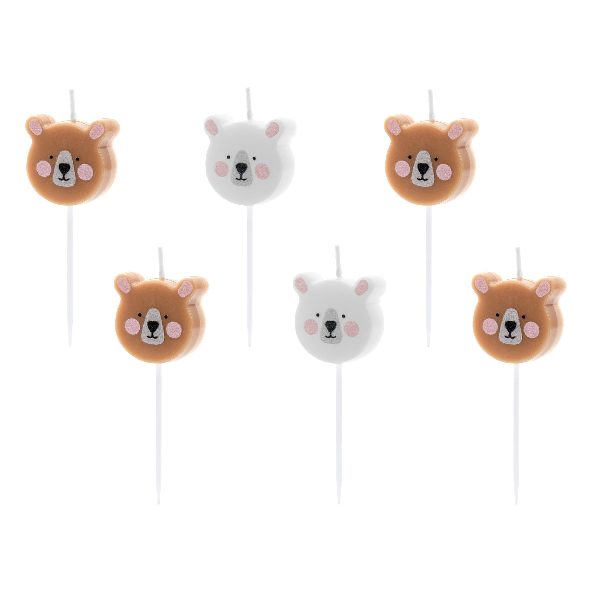 Set of teddy bear-shaped candles in brown and white, sweet cake decorations for kids' parties