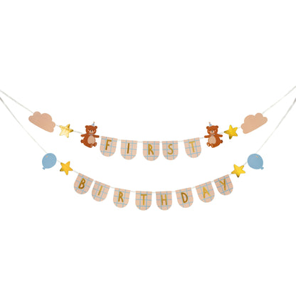 First birthday party banner featuring teddy bears, balloons, and stars, great for baby celebrations